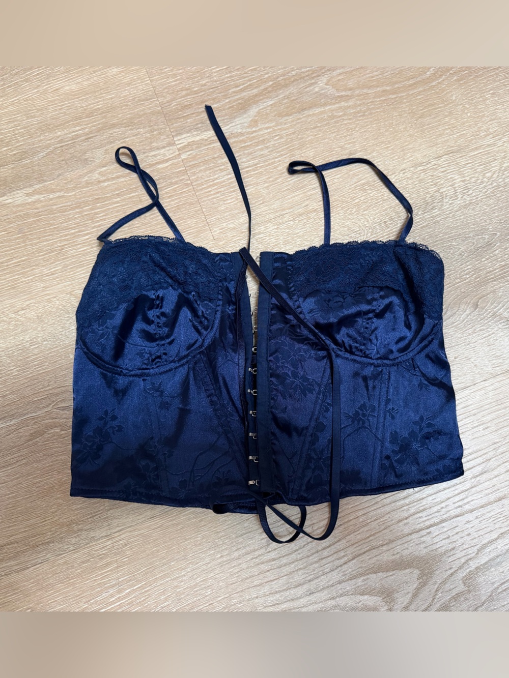 La Hearts Navy Satin Lace-Trim Bustier Camisole size small